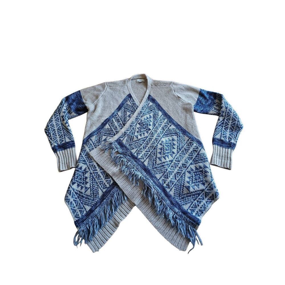 Lucky brand womens Sz M beige blue fringe boho open front cardigan